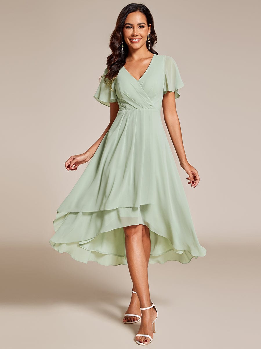 Chiffon Elegance Short Sleeve High-Low Wedding Guest Dress #color_Mint Green