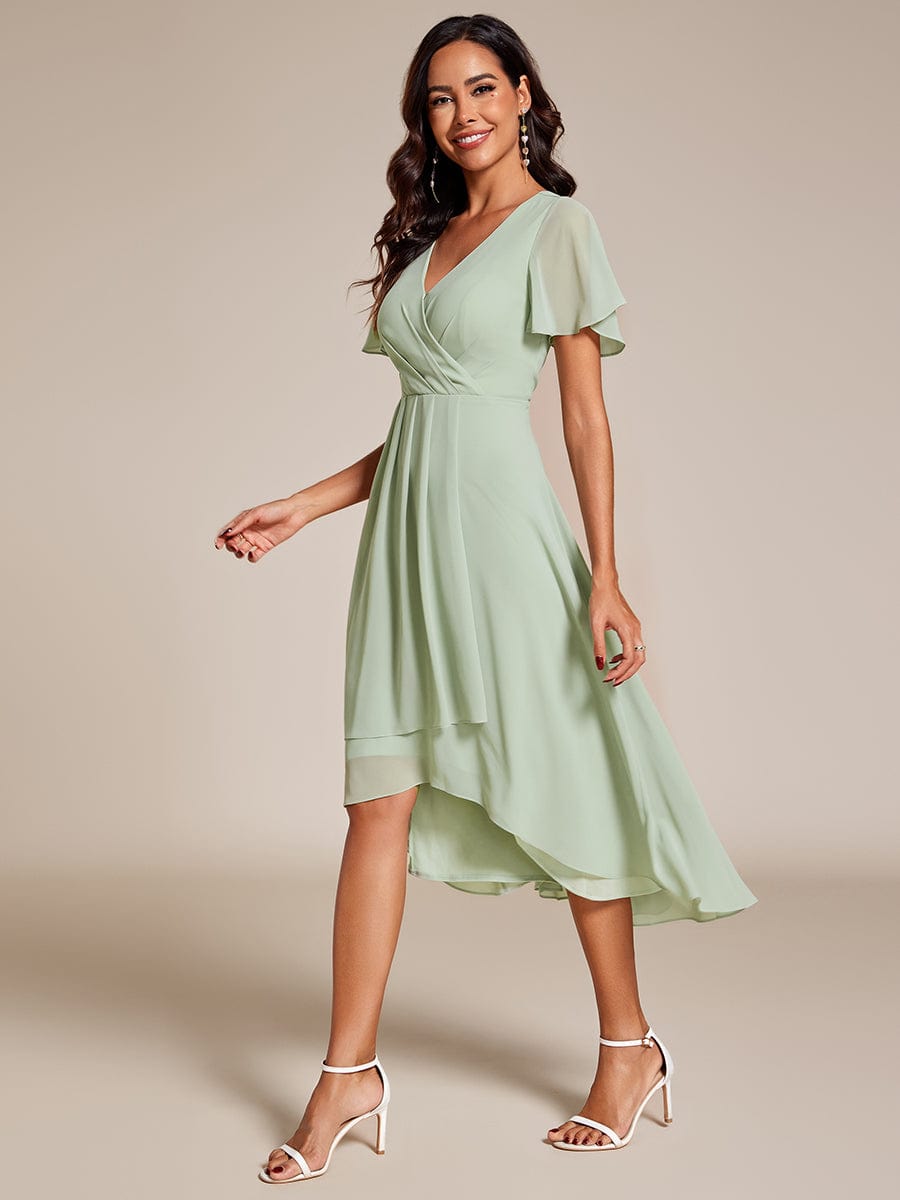 Chiffon Elegance Short Sleeve High-Low Wedding Guest Dress #color_Mint Green