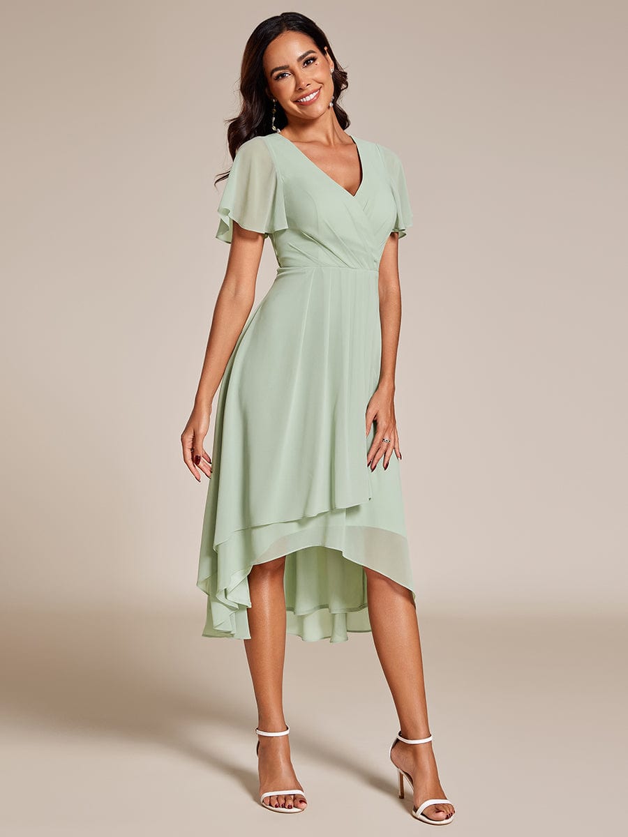 Custom Size Chiffon Elegance Short Sleeve High-Low Wedding Guest Dress #color_Mint Green