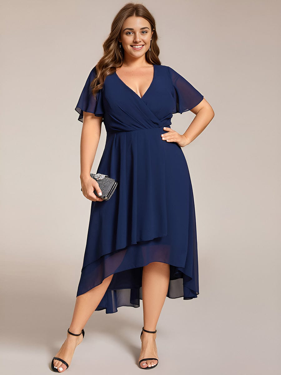 Custom Size Chiffon Elegance Short Sleeve High-Low Wedding Guest Dress #color_Navy Blue