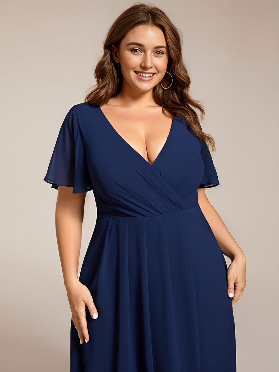 Chiffon Elegance Short Sleeve High-Low Wedding Guest Dress #color_Navy Blue