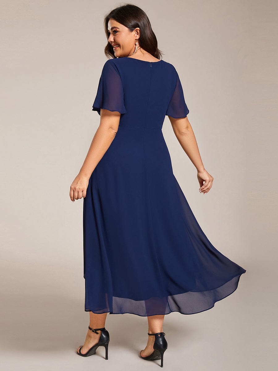 Plus Size Chiffon Short Sleeve High-Low Wedding Guest Dress #color_Navy Blue