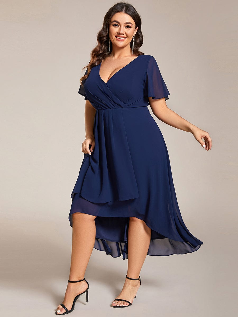 Plus Size Chiffon Short Sleeve High-Low Wedding Guest Dress #color_Navy Blue