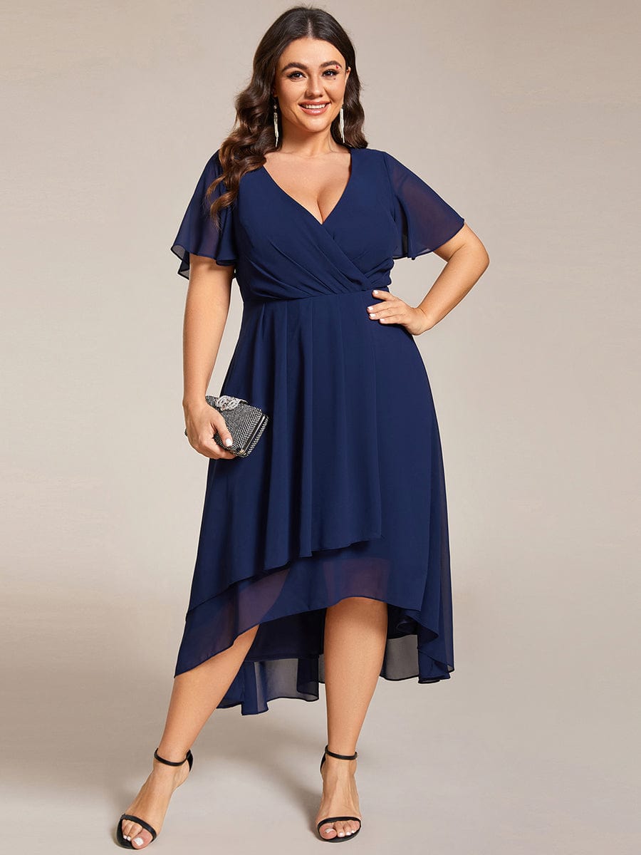 Plus Size Chiffon Short Sleeve High-Low Wedding Guest Dress #color_Navy Blue