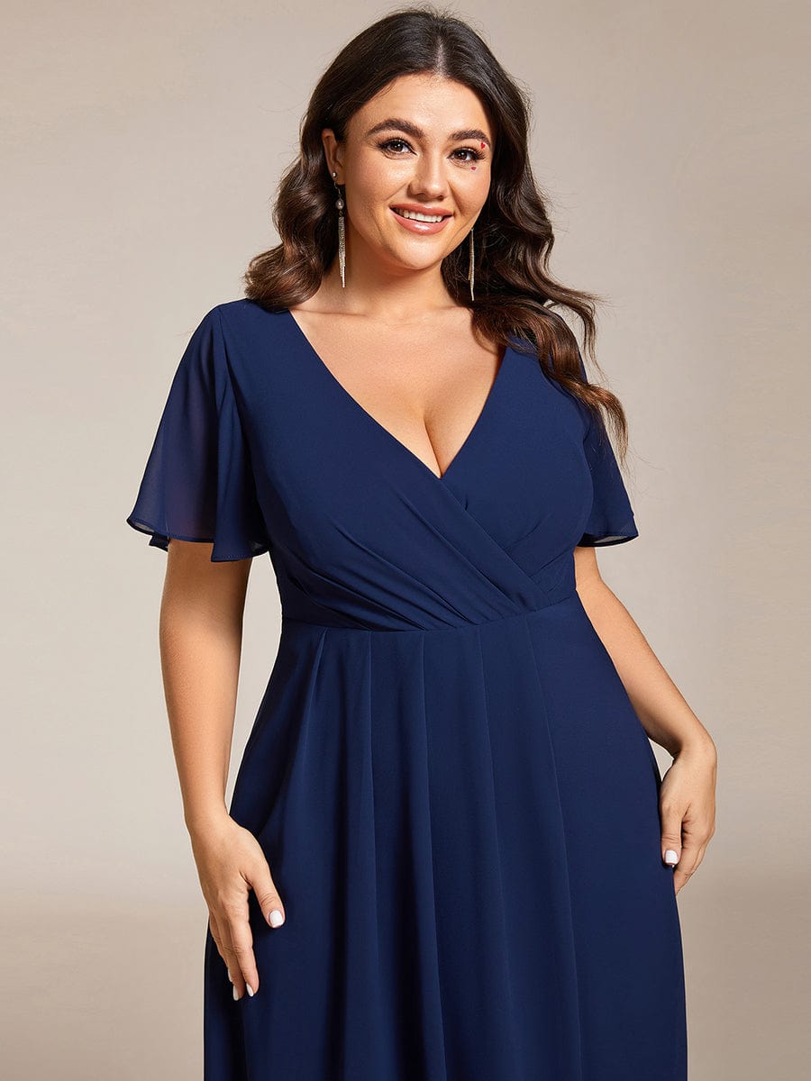 Plus Size Chiffon Short Sleeve High-Low Wedding Guest Dress #color_Navy Blue