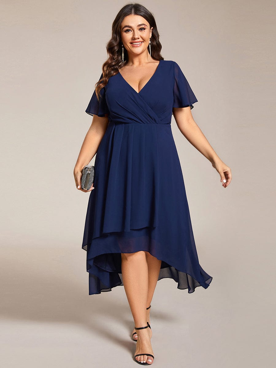 Plus Size Chiffon Short Sleeve High-Low Wedding Guest Dress #color_Navy Blue