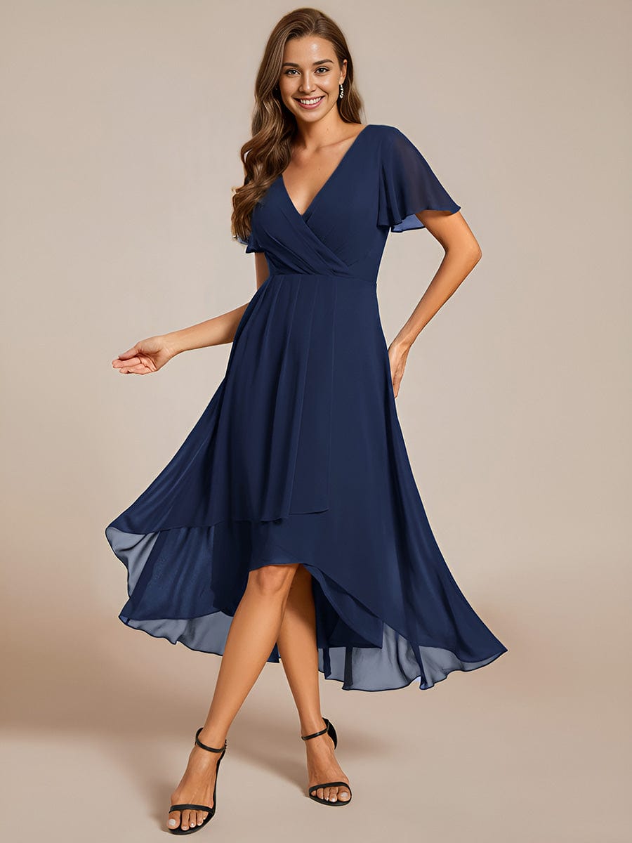 Chiffon Elegance Short Sleeve High-Low Wedding Guest Dress #color_Navy Blue