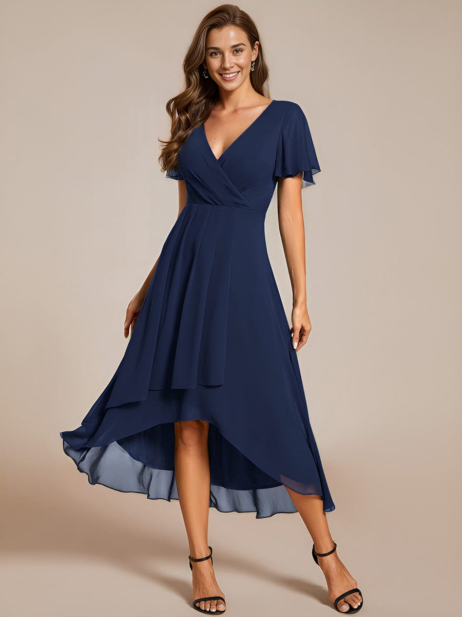 Custom Size Chiffon Elegance Short Sleeve High-Low Wedding Guest Dress #color_Navy Blue