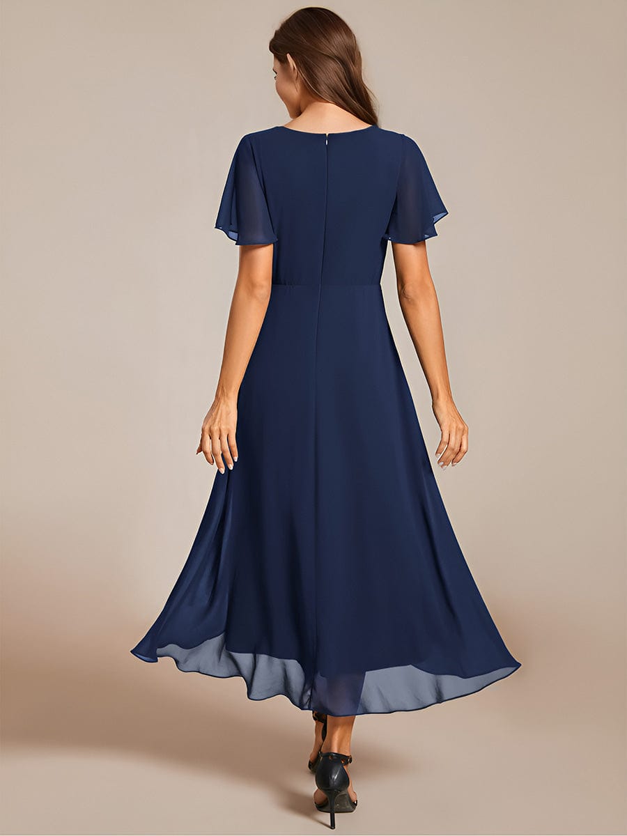 Custom Size Chiffon Elegance Short Sleeve High-Low Wedding Guest Dress #color_Navy Blue