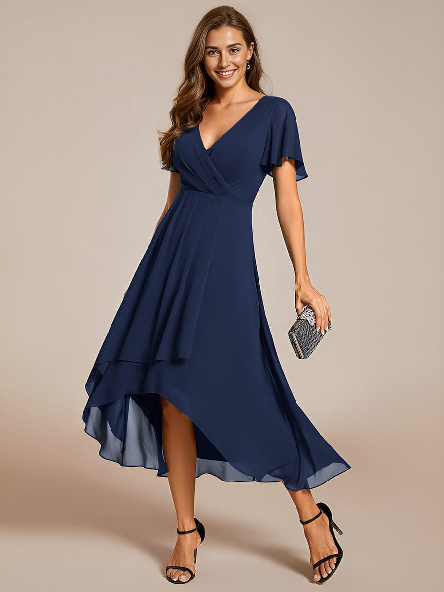 Custom Size Chiffon Elegance Short Sleeve High-Low Wedding Guest Dress #color_Navy Blue