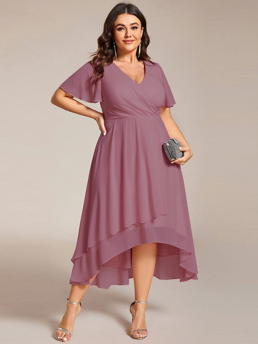 Plus Size Chiffon Short Sleeve High-Low Wedding Guest Dress #color_Purple Orchid