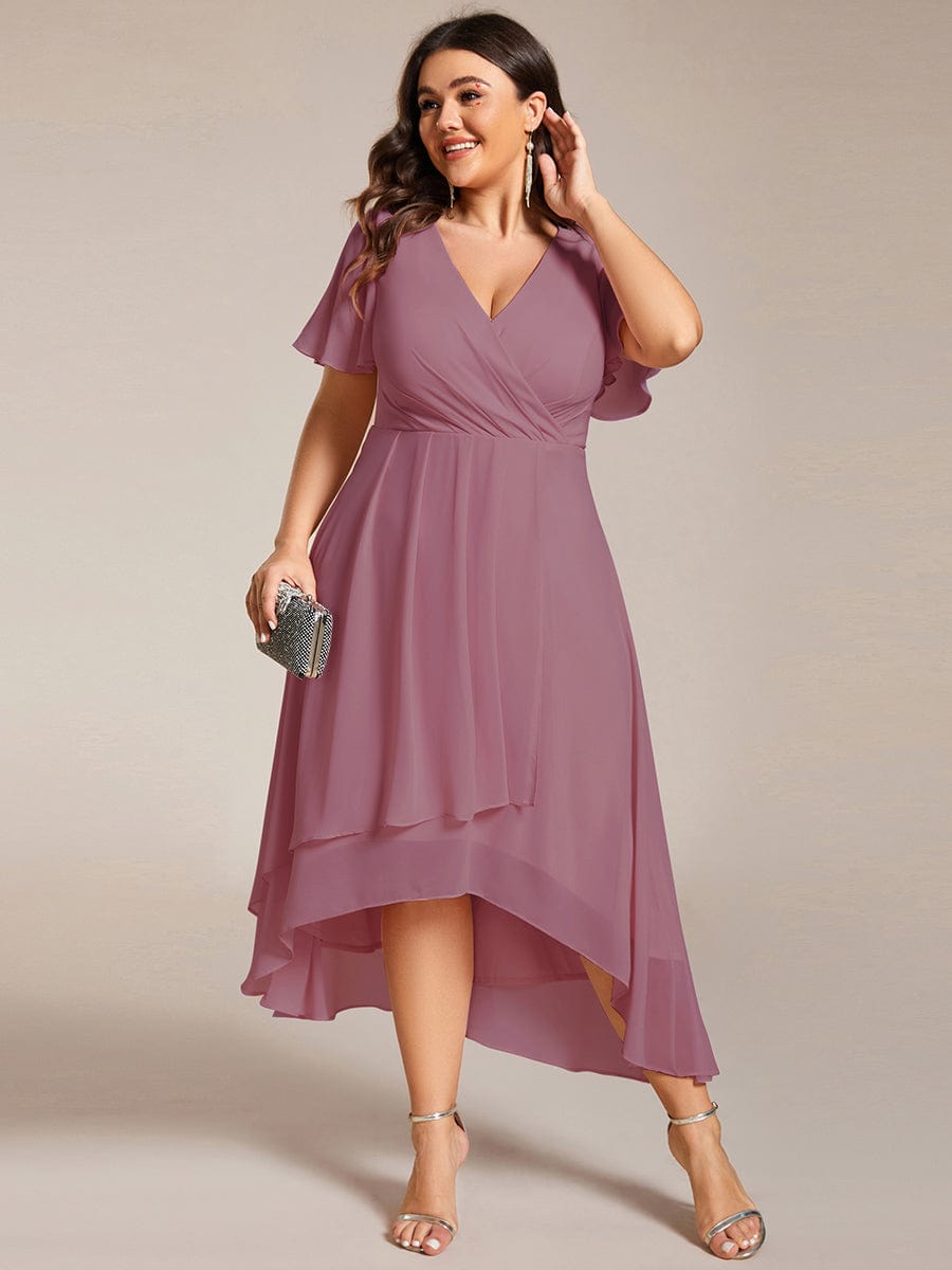 Chiffon Elegance Short Sleeve High-Low Wedding Guest Dress #color_Purple Orchid