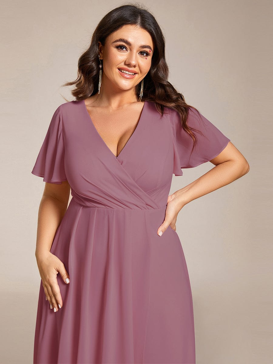 Chiffon Elegance Short Sleeve High-Low Wedding Guest Dress #color_Purple Orchid