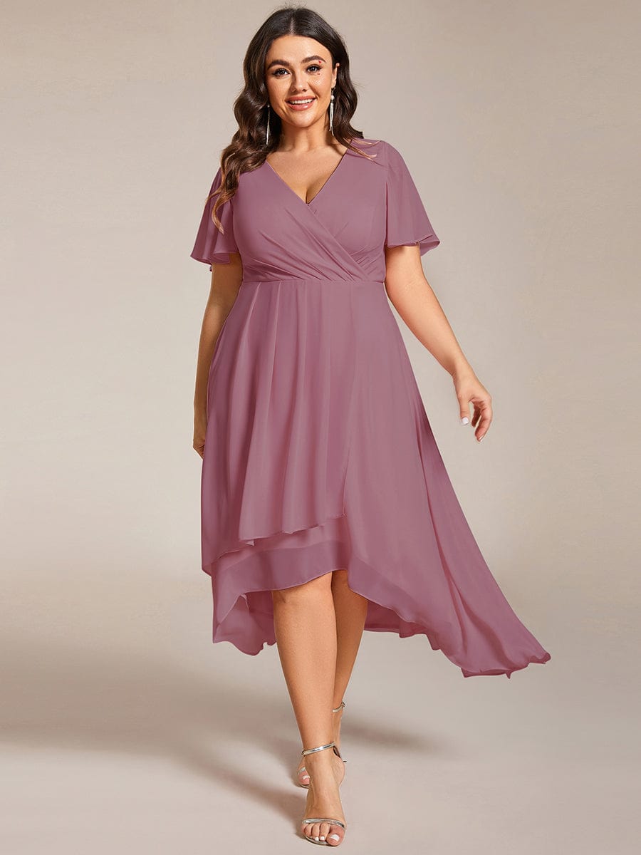 Plus Size Chiffon Short Sleeve High-Low Wedding Guest Dress #color_Purple Orchid