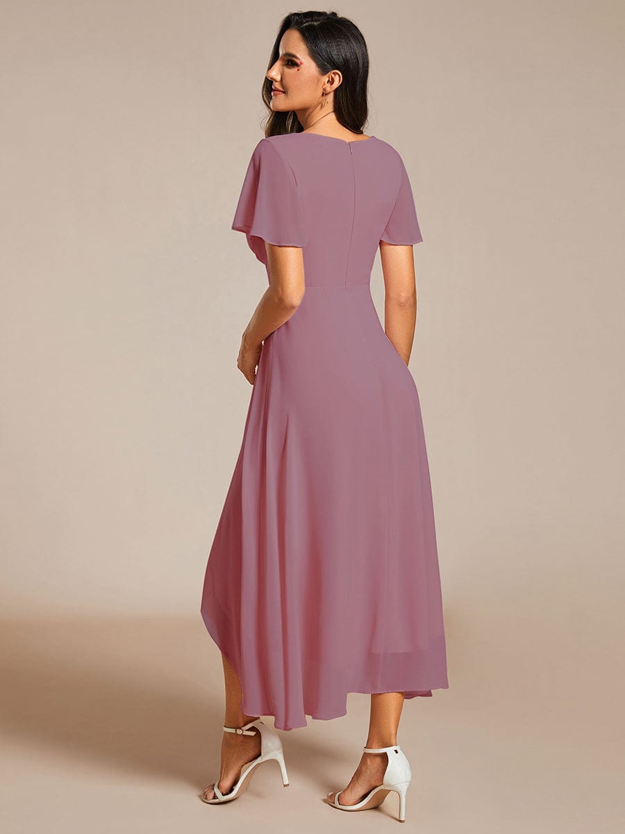 Chiffon Elegance Short Sleeve High-Low Wedding Guest Dress #color_Purple Orchid