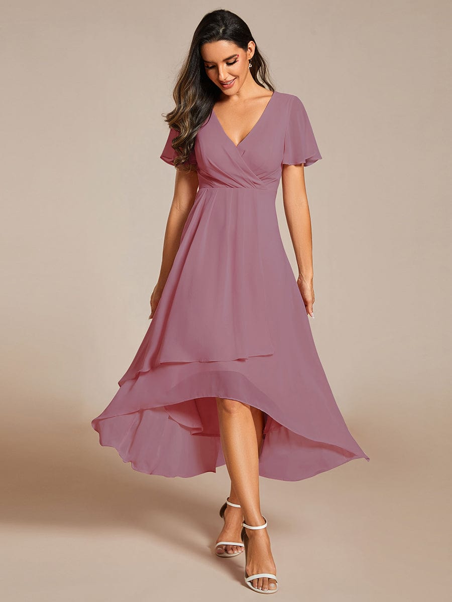 Chiffon Elegance Short Sleeve High-Low Wedding Guest Dress #color_Purple Orchid