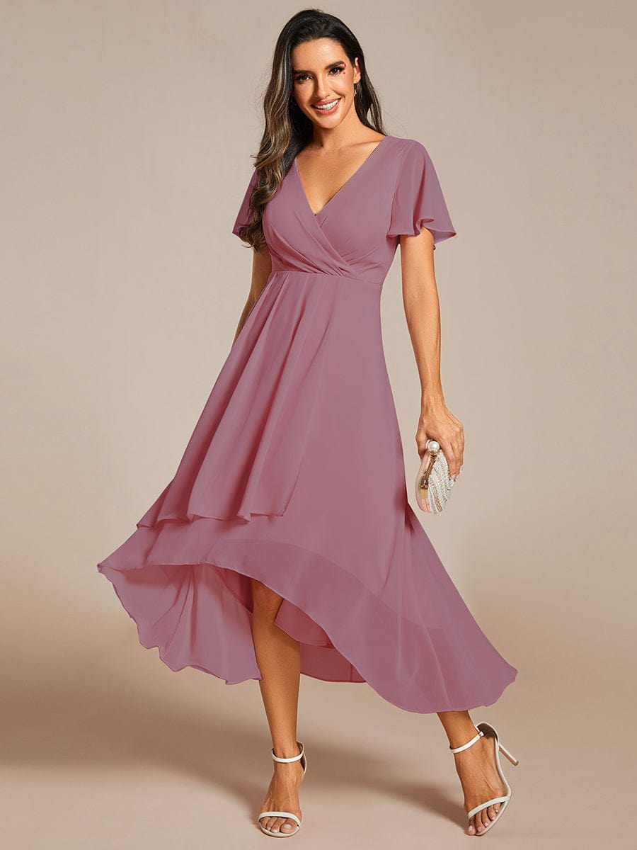 Chiffon Elegance Short Sleeve High-Low Wedding Guest Dress #color_Purple Orchid