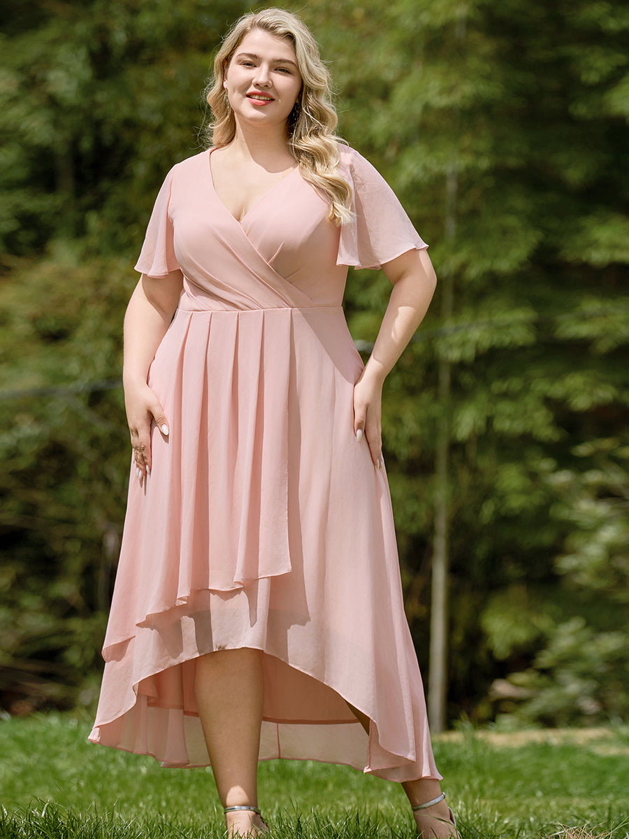 Chiffon Elegance Short Sleeve High-Low Wedding Guest Dress #color_Pink