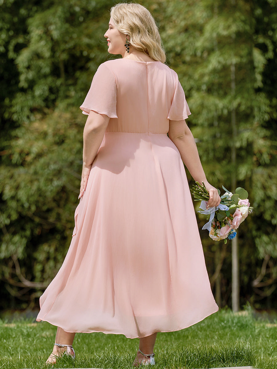 Chiffon Elegance Short Sleeve High-Low Wedding Guest Dress #color_Pink