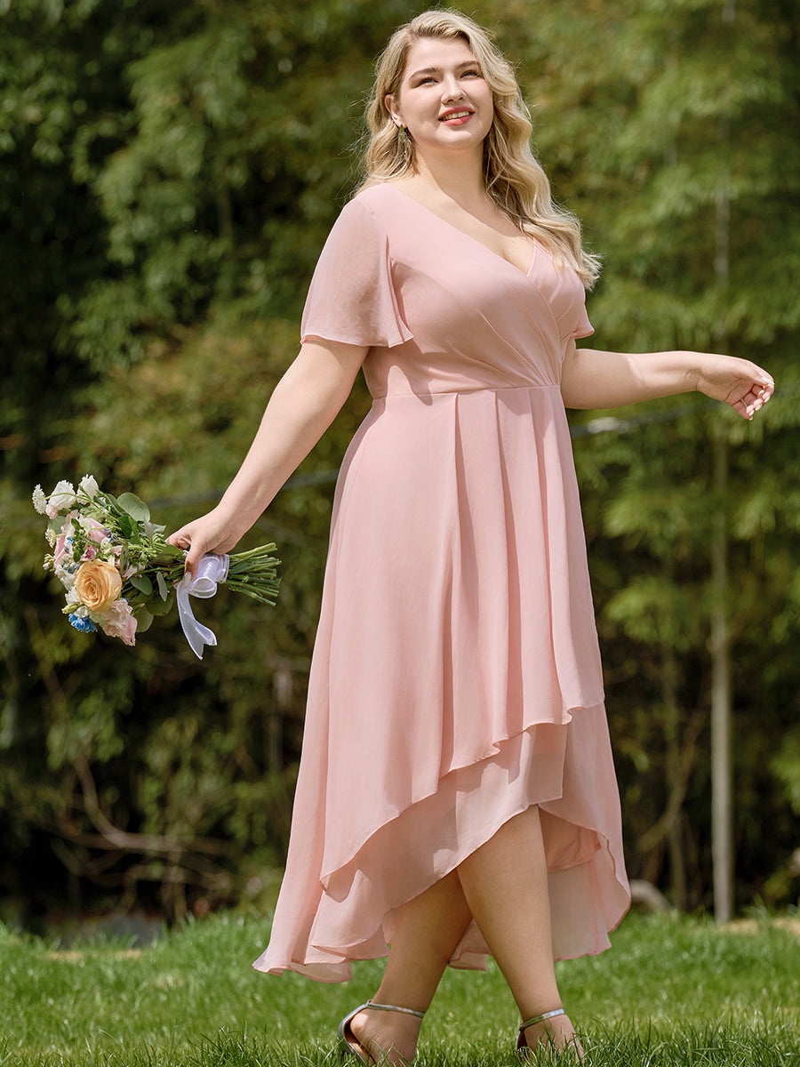 Chiffon Elegance Short Sleeve High-Low Wedding Guest Dress #color_Pink