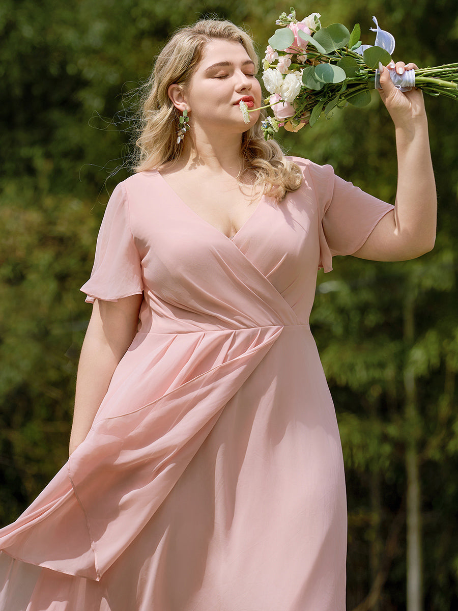 Chiffon Elegance Short Sleeve High-Low Wedding Guest Dress #color_Pink