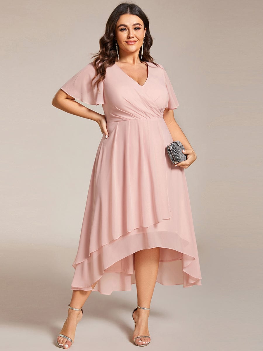 Plus Size Chiffon Short Sleeve High-Low Wedding Guest Dress #color_Pink