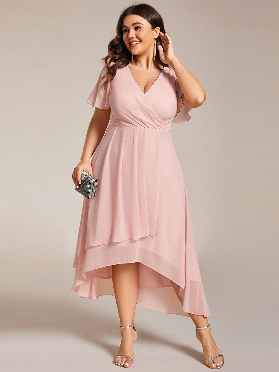 Plus Size Chiffon Short Sleeve High-Low Wedding Guest Dress #color_Pink