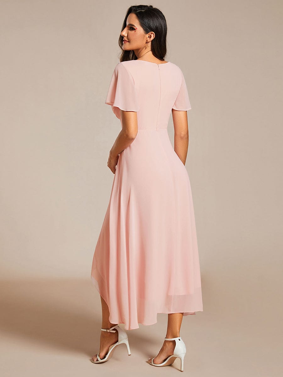 Custom Size Chiffon Elegance Short Sleeve High-Low Wedding Guest Dress #color_Pink