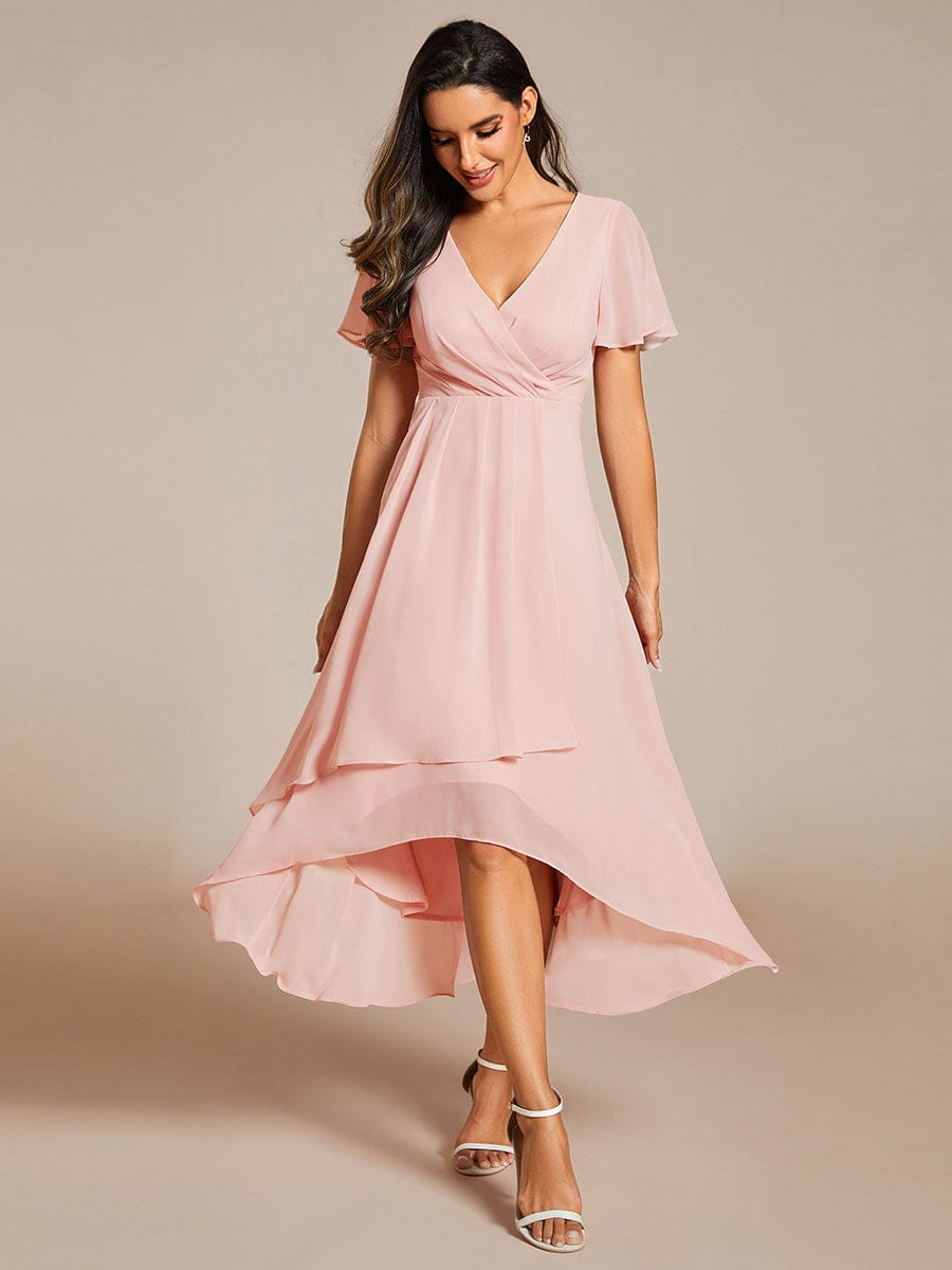 Chiffon Elegance Short Sleeve High-Low Dress In Pink #color_Pink