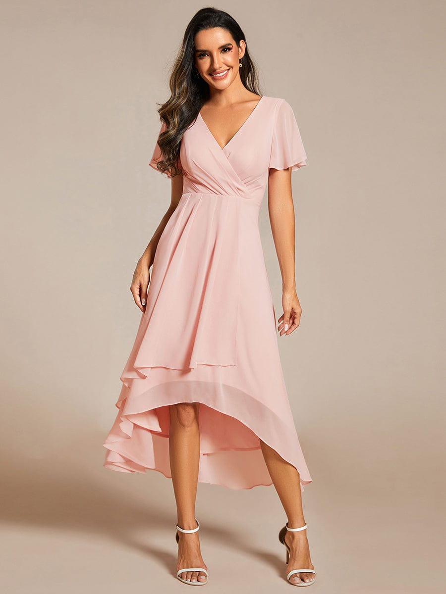 Custom Size Chiffon Elegance Short Sleeve High-Low Wedding Guest Dress #color_Pink