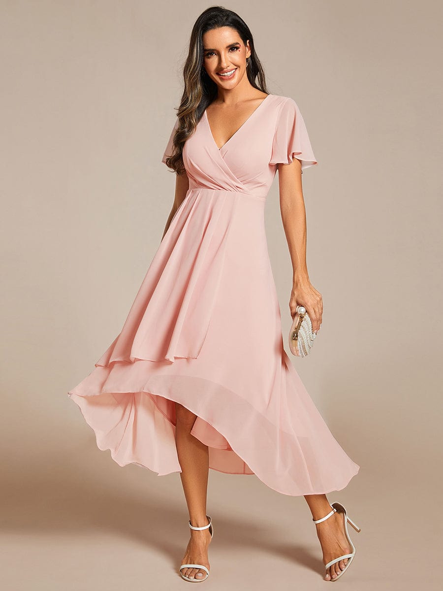 Custom Size Chiffon Elegance Short Sleeve High-Low Wedding Guest Dress #color_Pink