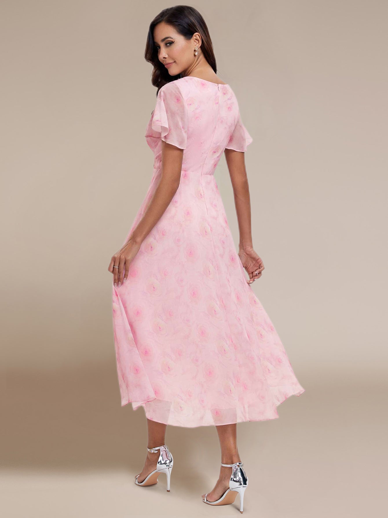 Floral Chiffon Elegance Short Sleeve High-Low Wedding Guest Dress #color_Light Purple Roses