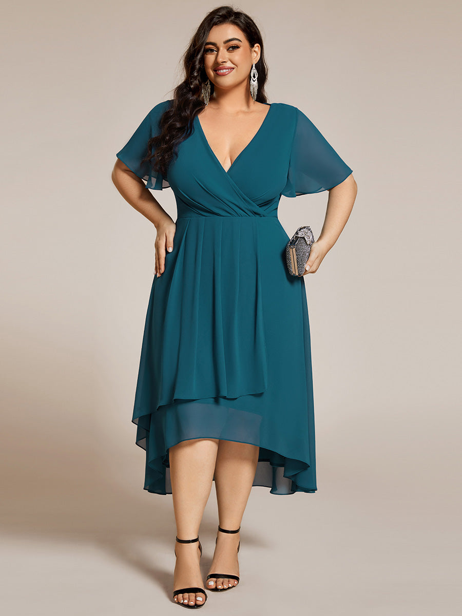 Chiffon Elegance Short Sleeve High-Low Wedding Guest Dress #color_Teal