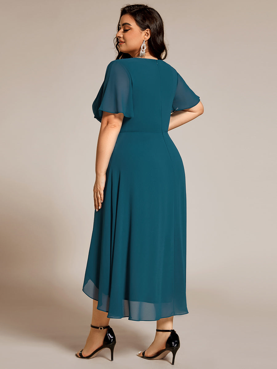 Chiffon Elegance Short Sleeve High-Low Wedding Guest Dress #color_Teal