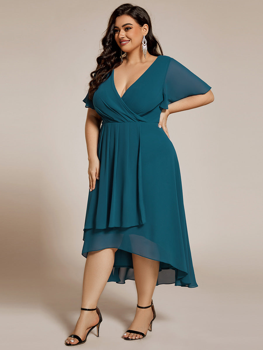 Chiffon Elegance Short Sleeve High-Low Wedding Guest Dress #color_Teal