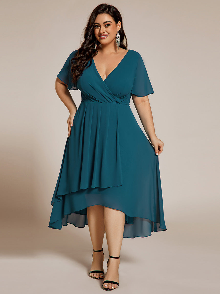 Chiffon Elegance Short Sleeve High-Low Wedding Guest Dress #color_Teal