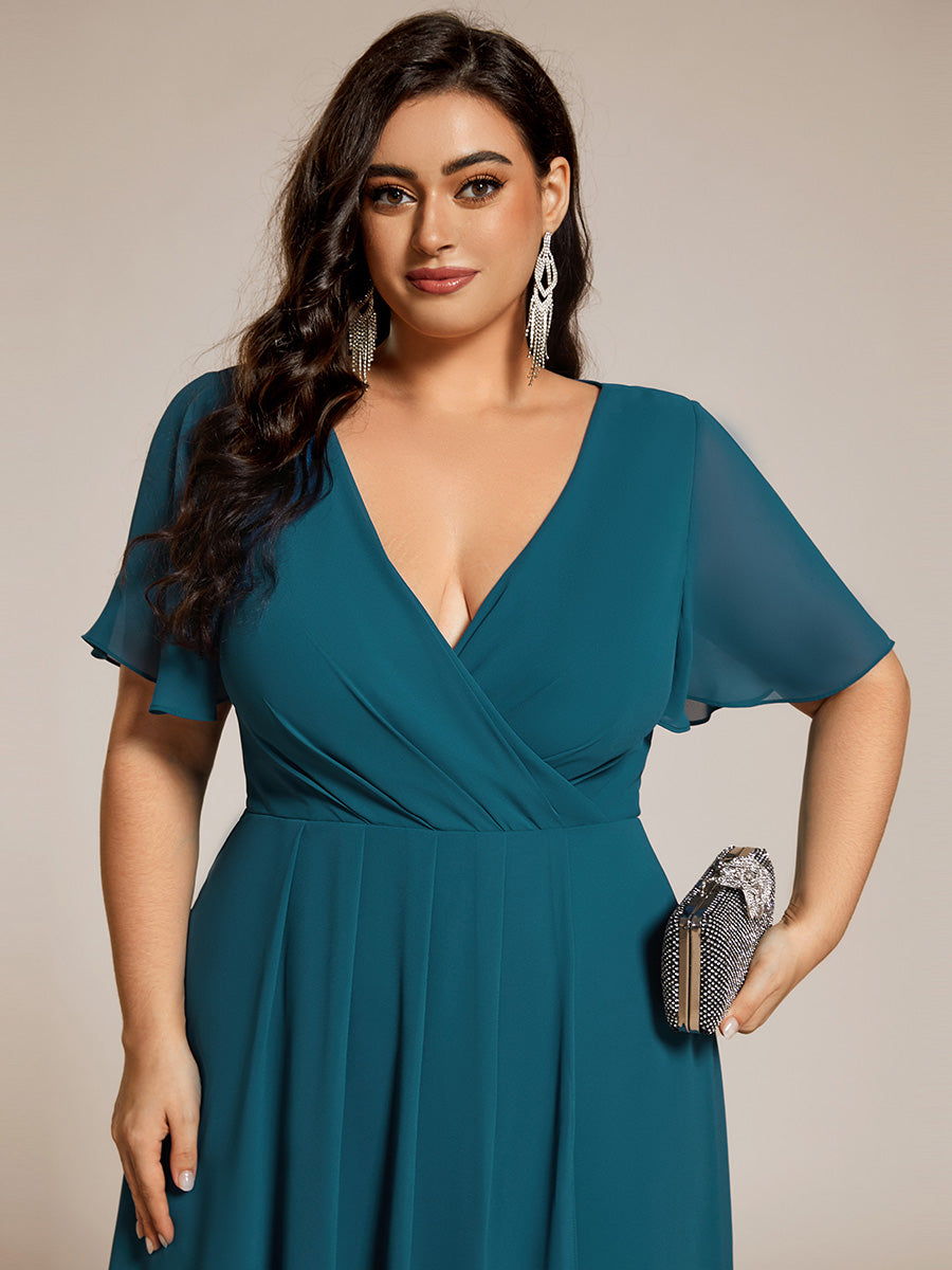 Chiffon Elegance Short Sleeve High-Low Wedding Guest Dress #color_Teal