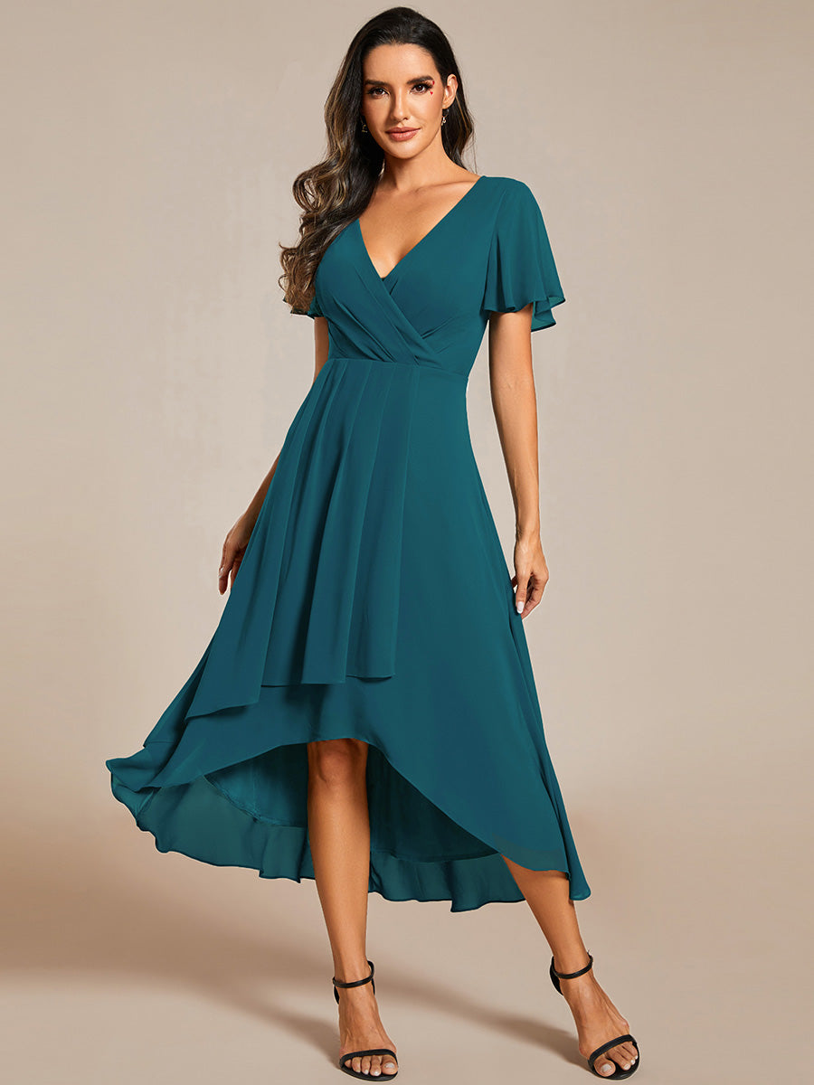 Chiffon Elegance Short Sleeve High-Low Wedding Guest Dress #color_Teal