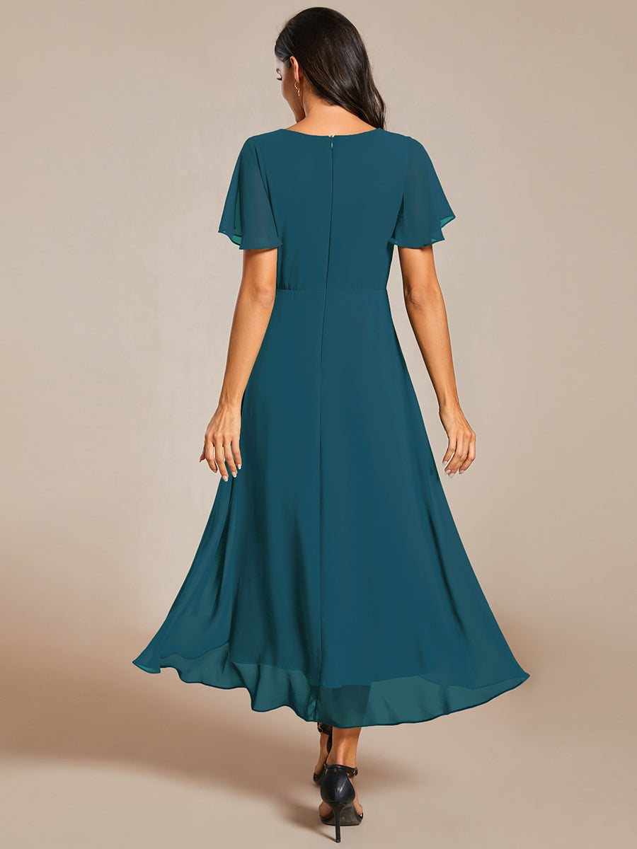 Chiffon Elegance Short Sleeve High-Low Wedding Guest Dress #color_Teal