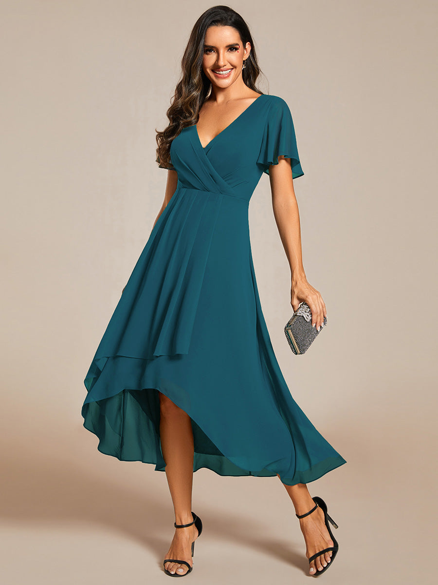 Chiffon Elegance Short Sleeve High-Low Wedding Guest Dress #color_Teal