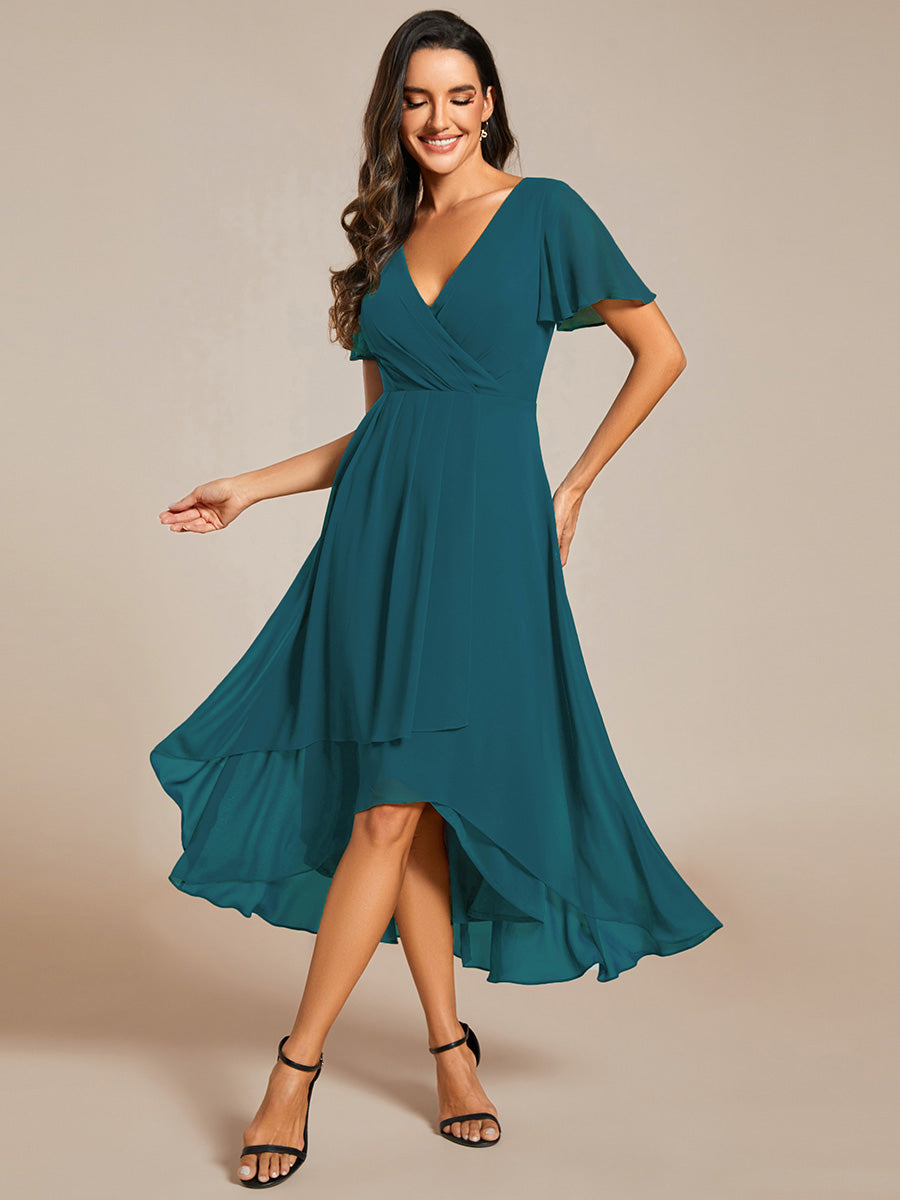 Chiffon Elegance Short Sleeve High-Low Wedding Guest Dress #color_Teal