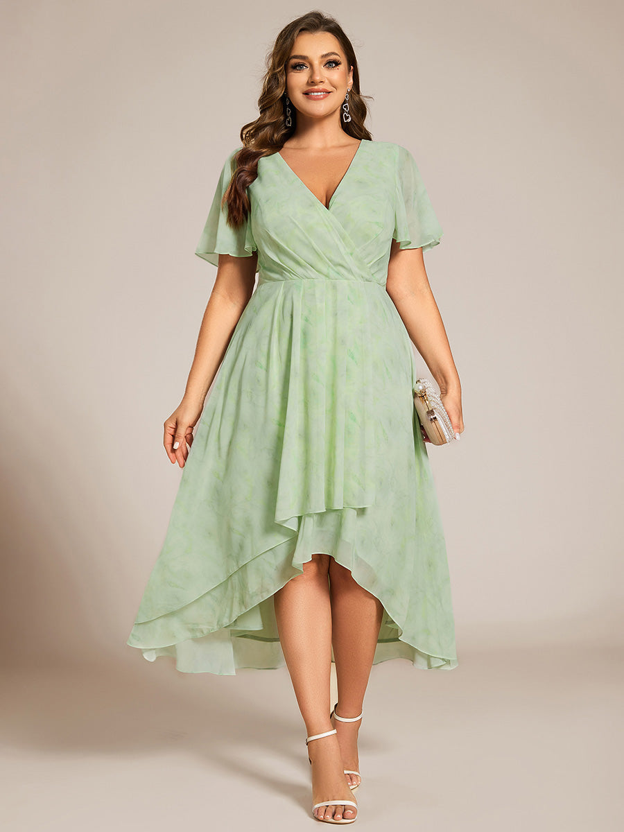 Floral Chiffon Elegance Short Sleeve High-Low Wedding Guest Dress #color_Light Green Roses