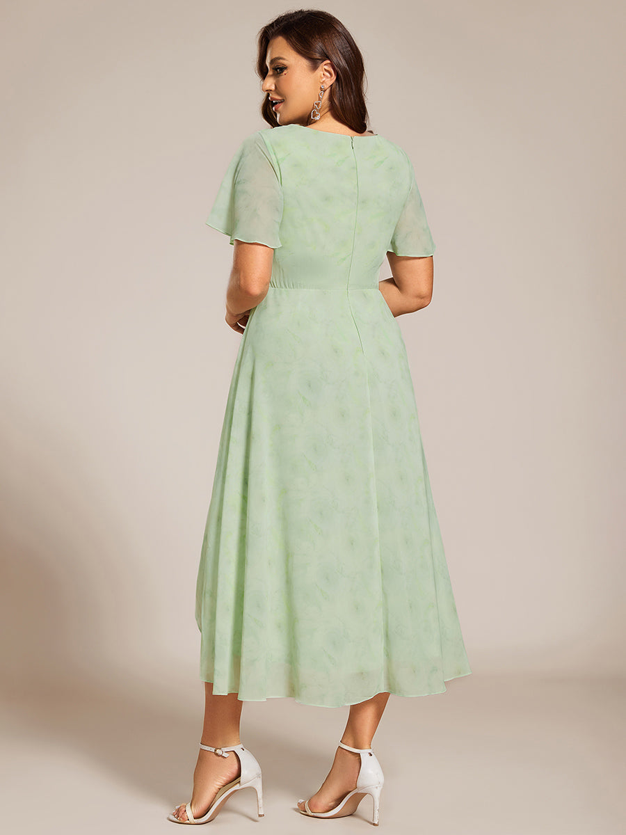 Floral Chiffon Elegance Short Sleeve High-Low Wedding Guest Dress #color_Light Green Roses