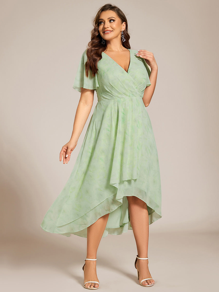 Floral Chiffon Elegance Short Sleeve High-Low Wedding Guest Dress #color_Light Green Roses