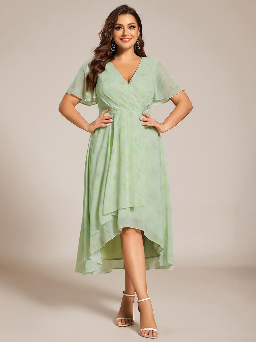 Floral Chiffon Elegance Short Sleeve High-Low Wedding Guest Dress #color_Light Green Roses