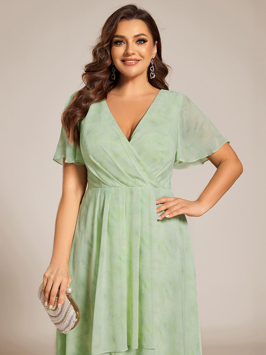 Floral Chiffon Elegance Short Sleeve High-Low Wedding Guest Dress #color_Light Green Roses