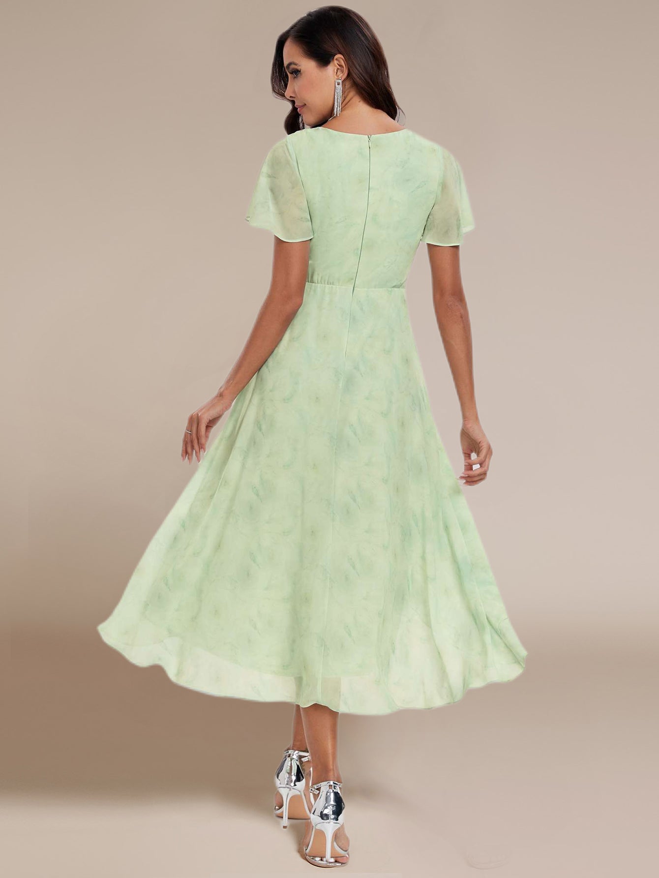 Floral Chiffon Elegance Short Sleeve High-Low Wedding Guest Dress #color_Light Green Roses