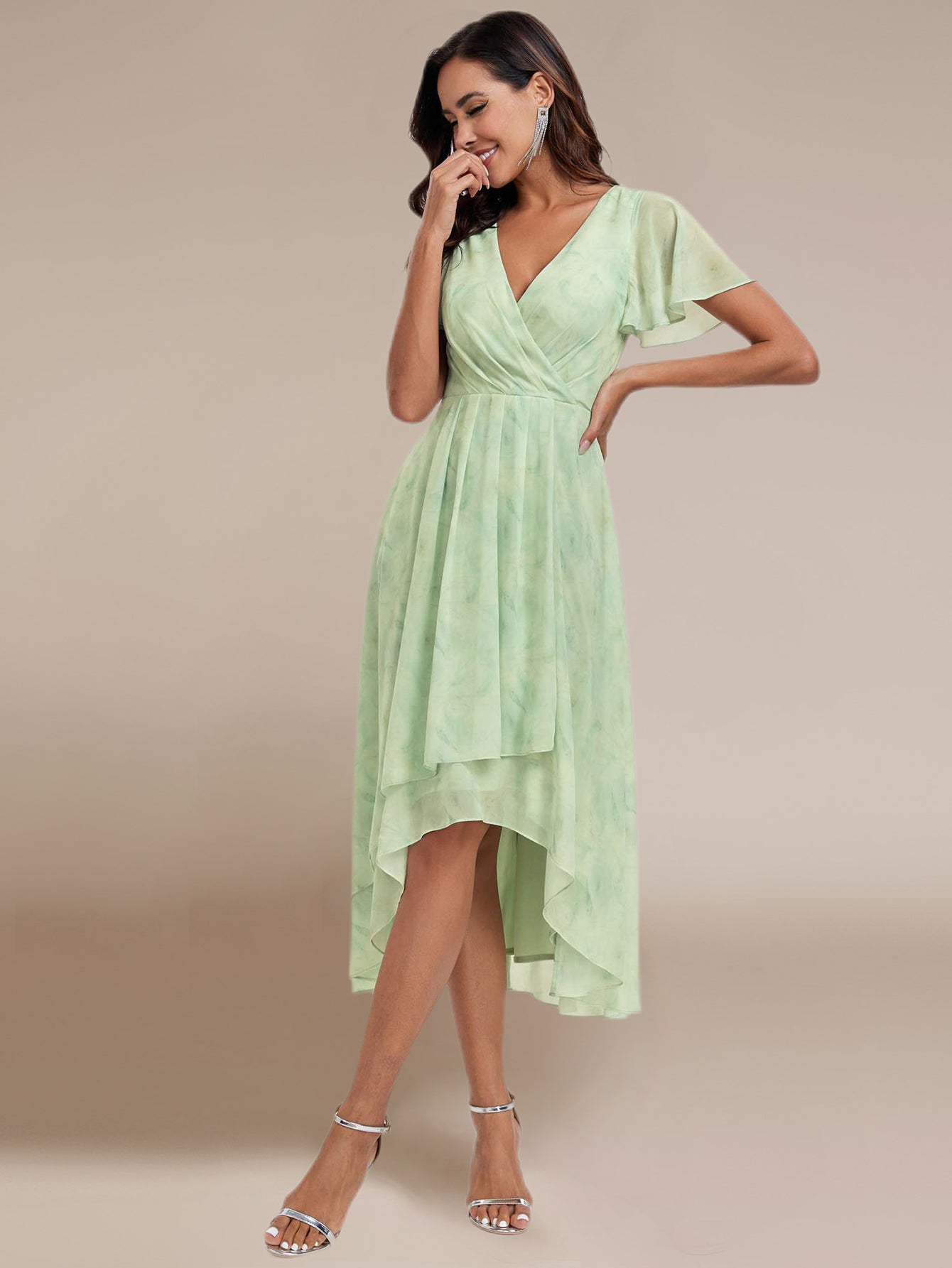 Floral Chiffon Elegance Short Sleeve High-Low Wedding Guest Dress #color_Light Green Roses