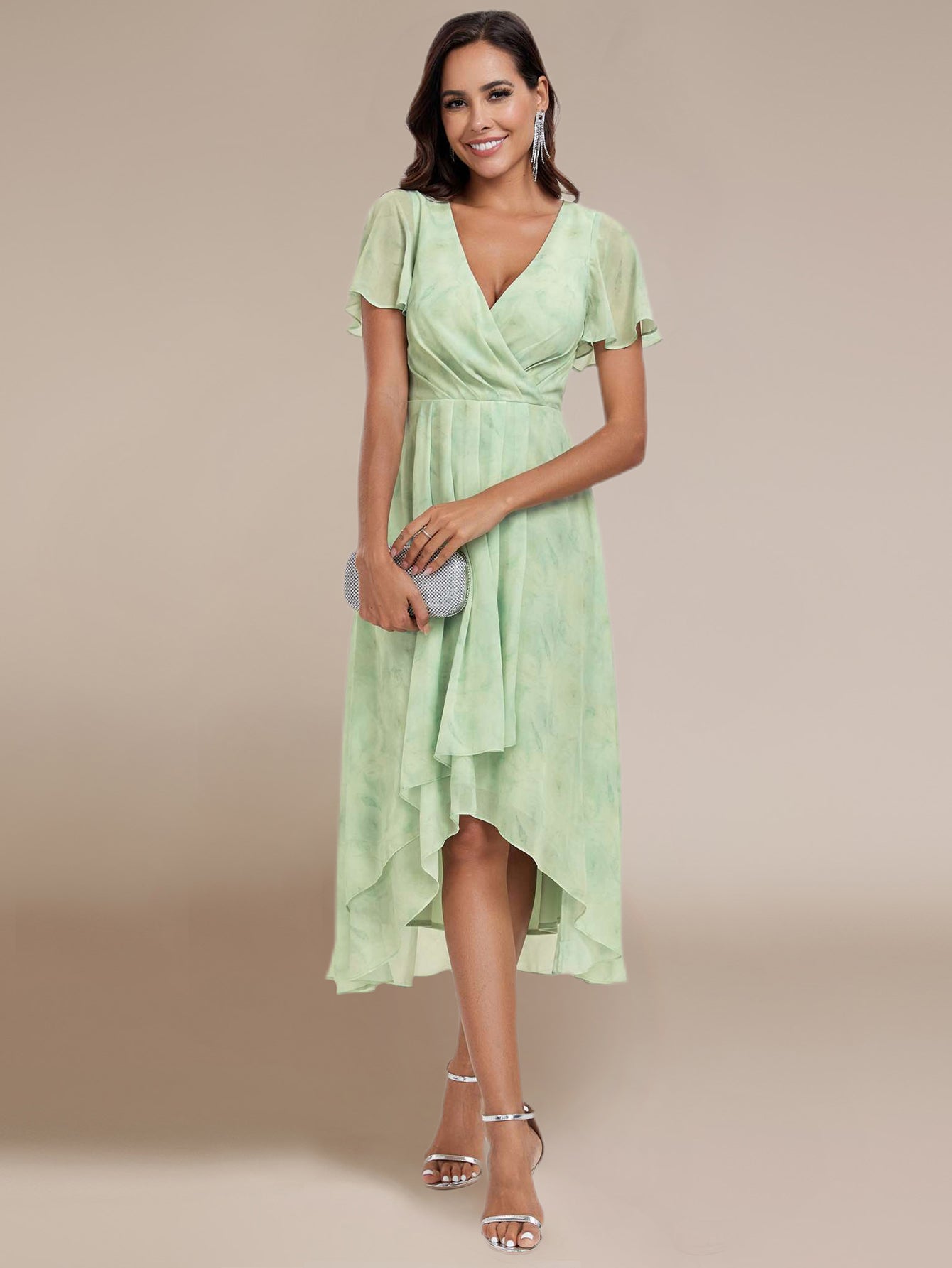 Floral Chiffon Elegance Short Sleeve High-Low Wedding Guest Dress #color_Light Green Roses