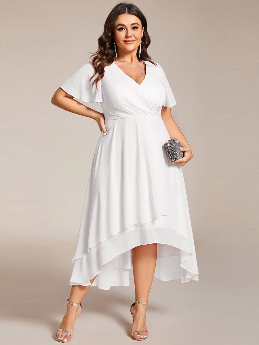 Plus Size Chiffon Short Sleeve High-Low Wedding Guest Dress #color_White